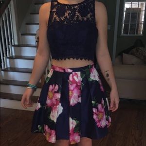 Short two piece floral prom dress
